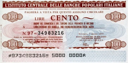 100 Lire Istituto Centrale Delle Banche Popolari Italiane - 1977 - Bolzano - NEW