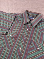 Wrangler Pearl Snap Shirt Mens 17.5 Green Striped Vintage Western X Long Tails