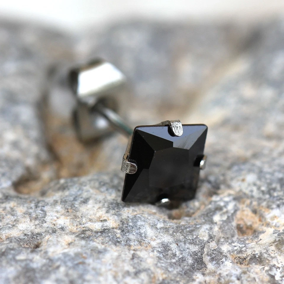 Pair of 316L Stainless Steel Black Princess Cut Cubic Ziroconia Stud Earrings - Image 3 of 4