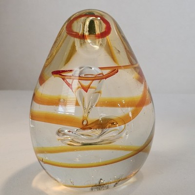 1970s Orange RED Hand Blown GLASS Swirl PAPERWEIGHT Spiral ART PEAR SHAPE GREAT!
