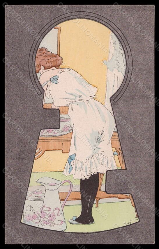 Cartolina buco della serratura Art Nouveau firmata dall'artista H. Morin Risque Lady VK5959