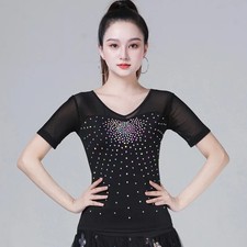 Womens Dresses Latin Dance Top Adult Training Outfit Sleeve Mesh Middle Sleeve
