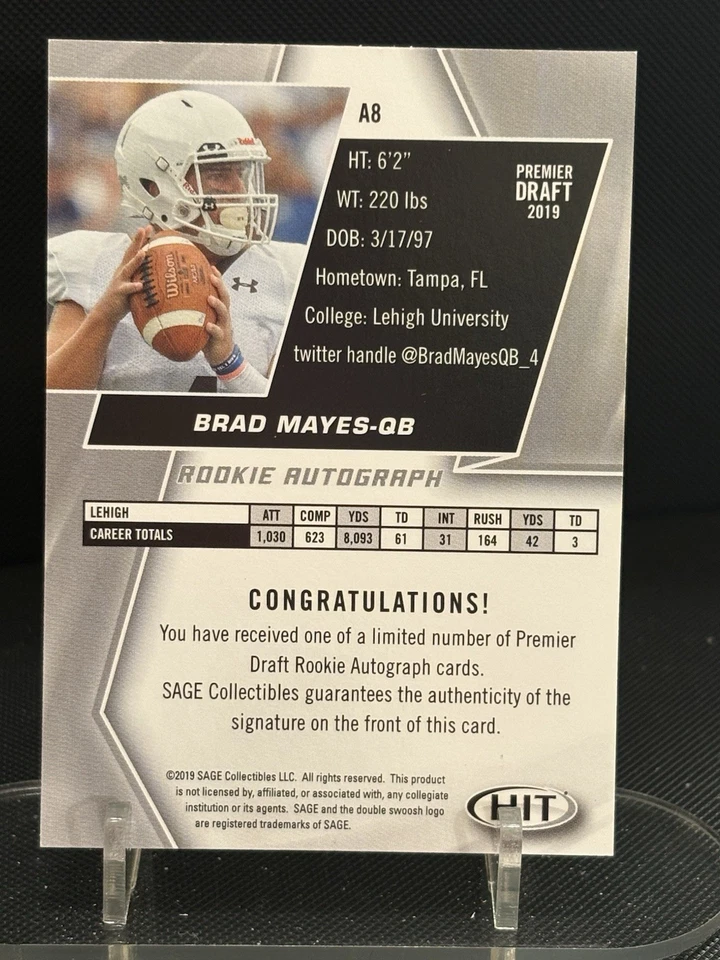 Brad Mayes 2019 Sage Hit Premier Card #A8 Rookie Autograph Lehigh Mountain Hawks - Image 2 of 2
