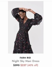 FARM Rio Night Sky Star Print Maxi Dress V-Neck Belted Long Sleeve Size M