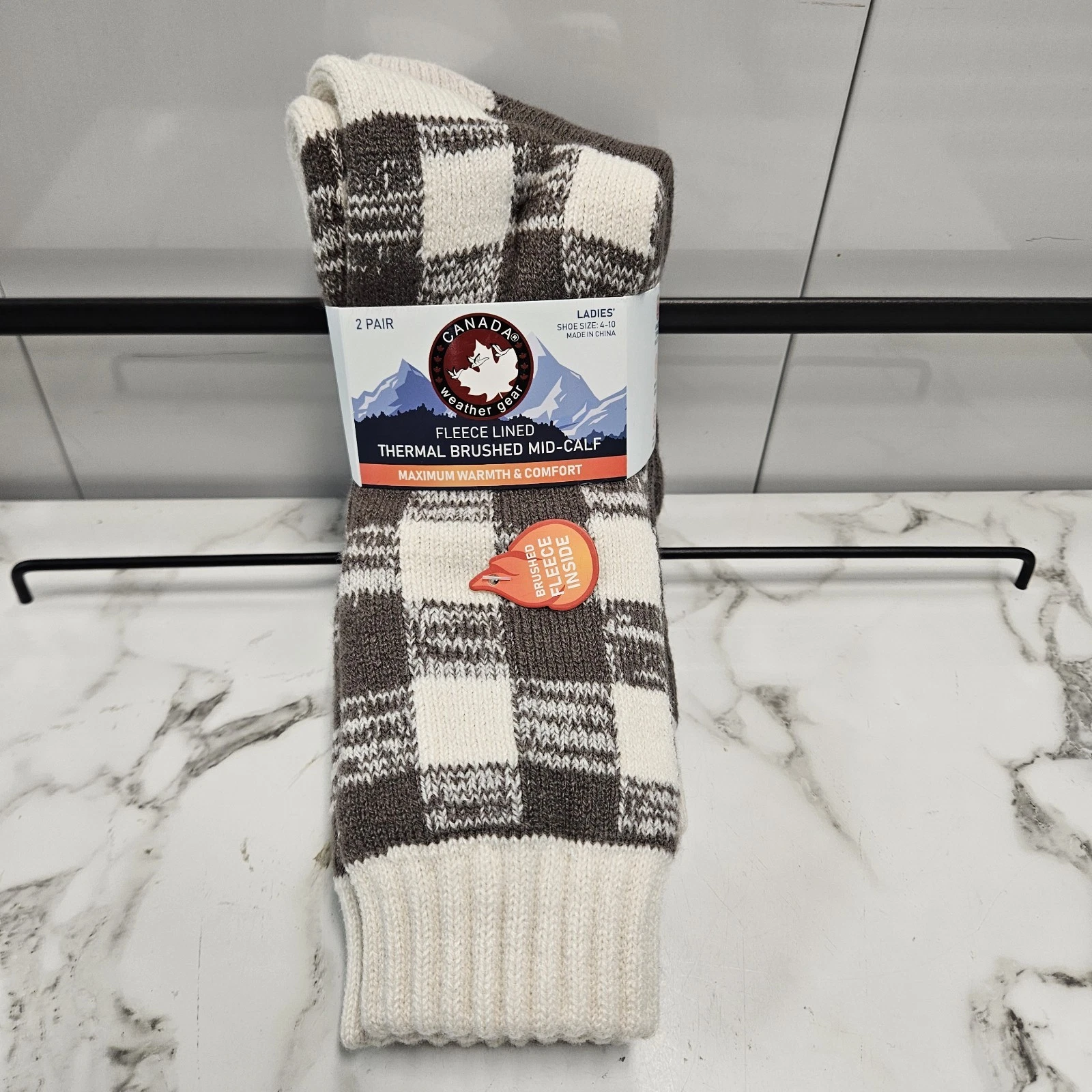 2 Pack Canada Weather Gear Fleece Lined Thermal Brushed Mid Calf Socks Brown