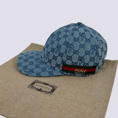 Gucci x Palace GG-P Monogram Web Stripe Canvas Baseball Cap Hat Pale Blue Size M