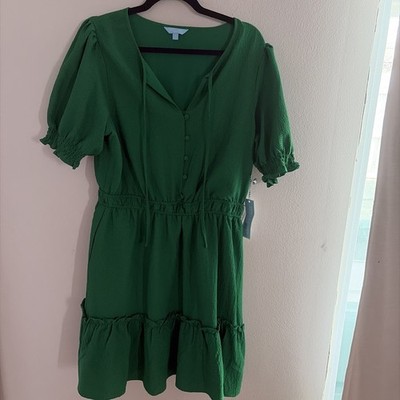 NWT DRAPER JAMES RSVP GREEN PUFF SLEEVE TIE NECK SHORT DRESS