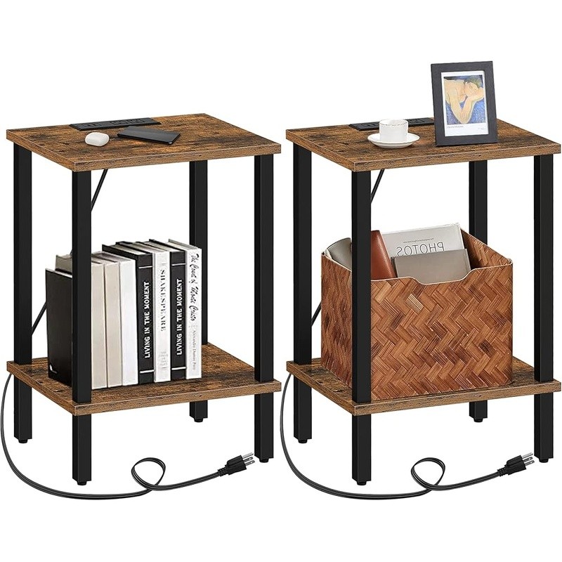 End Table W/ Charging Station USB Ports AC Outlets 2-Tier Storage Nightstand