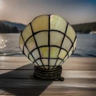 VTG Tiffany Style Stained Glass Shell Accent Lamp Ivory Black Metal Floral WORKS