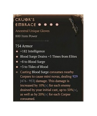 Diablo 4 Eternal Cruor's Embrace 4GA 929 Unique Gloves Necro Gear Item Equipment