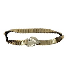 Vtg 70s Gold Metallic Snake Scale Stretch Belt Sz S Heart Buckle Disco Bling