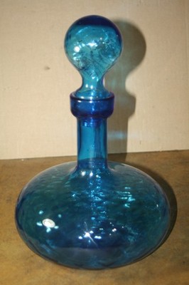 Vintage Mid Century Quilted Blue 12 1/2'' Genie Bottle w/ Quilted Glass Stopper