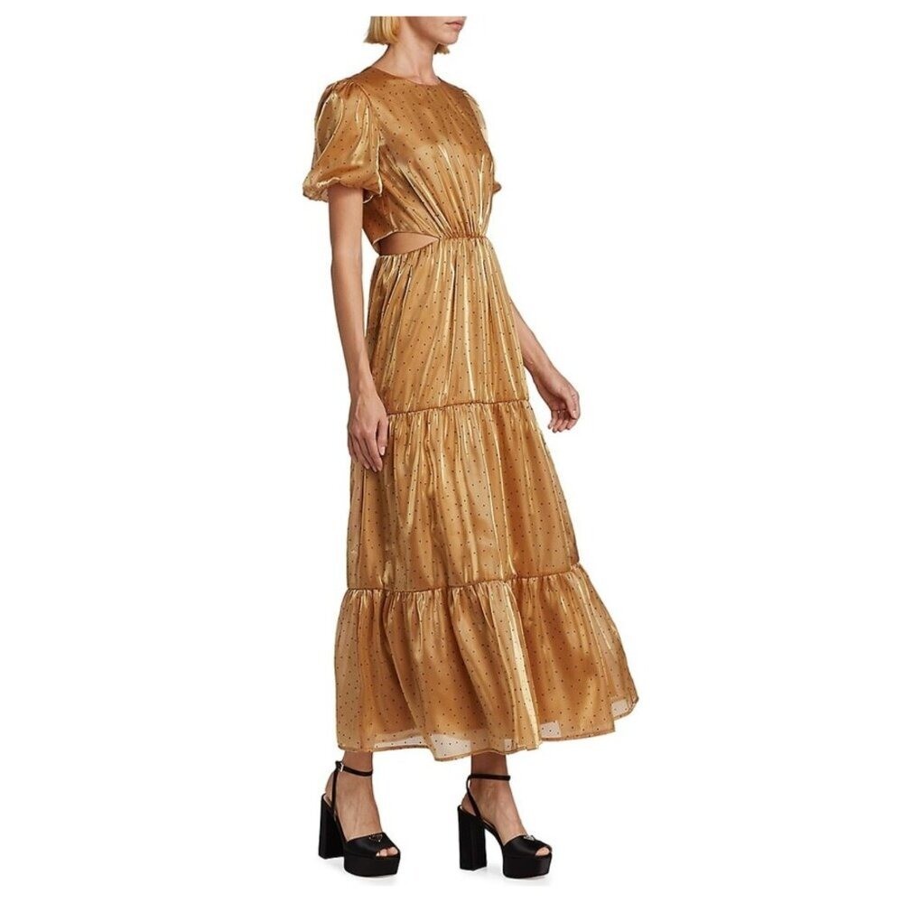 NWT WAYF Gold Metallic Polka Dot Plaza Cut Out Tiered Maxi Dress Medium