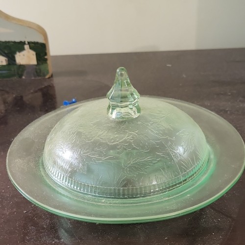 Vintage Green Glass Floral Patterned Butter Dish with Lid, Round