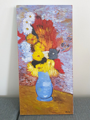 Gemälde, Stillleben Blumen blaue Vase, signiert, ungerahmt (2014)