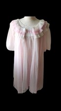 VTG MCM Pink Sheer Chiffon Nylon Peignoir Robe  Nightgown Ruffled 50s Boudoir