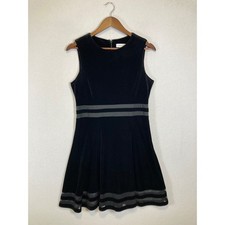 Gothic Holiday Calvin Klein Women 10P Black Velvet Mesh Stripe Fit Flare Dress