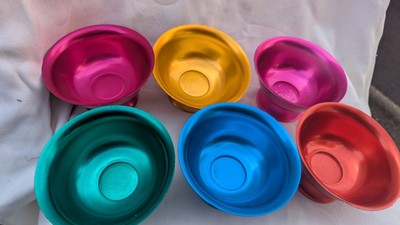 Retro Vintage Style Footed Aluminum Ice Cream Bowls Multi Color Keeps Cold Set 6