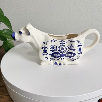 VTG Cow Milk Creamer Ceramic DBL Delft Porcelain Blue Glazed Farm Cottage Core