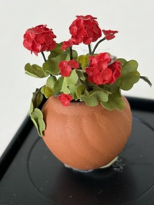 Vintage Artisan Made Red Geraniums In Terracotta Pot