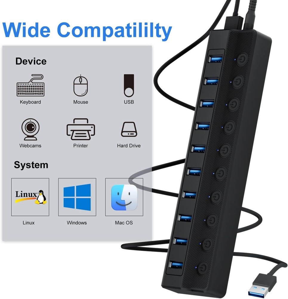 Powered USB Hub 3.0, 10-Port USB Splitter Hub with Individual On/Off Switches an