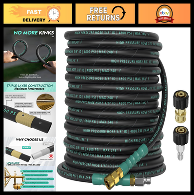 #ad 25FT 4800PSI Pressure Washer Hose 360° Swivel Kink Resistant M22 Adapter $85.49