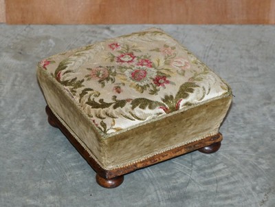 VICTORIAN WALNUT EMBROIDERED FOOTSTOOL WITH TAPERED OTTOMAN SIDES 