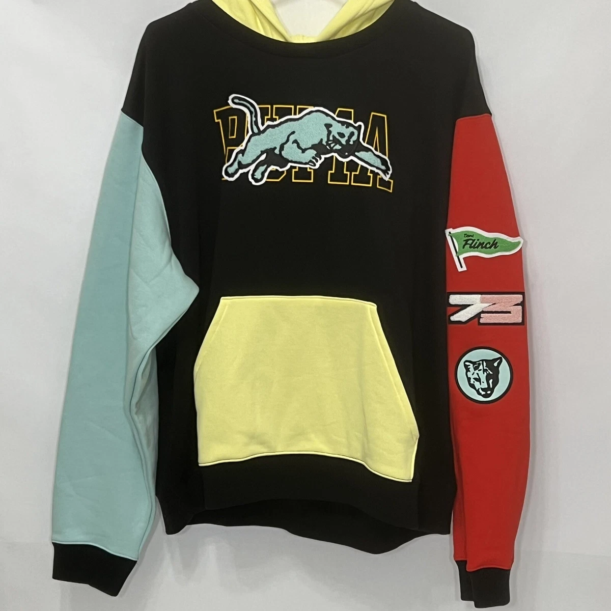 Puma Men Size XL Combine Hoodie Black Red Yellow Pullover Sportswear Sweatshirt