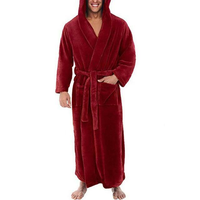 Mens Bath Robe Coat Hooded Bathrobe Cloak Soft Winter Fleece Dressing
