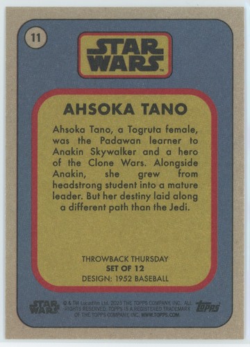 AHSOKA TANO 2023 Topps Throwback Thursday Edición Star Wars #11 - PR 3039 - Imagen 2 de 2
