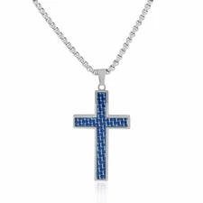 EDFORCE Stainless Steel Silver-Tone Blue Carbon Fiber Statement Cross Necklace