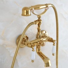 Gold Color Brass Bath Tub Clawfoot Faucet Telephone Design Handheld Shower Set