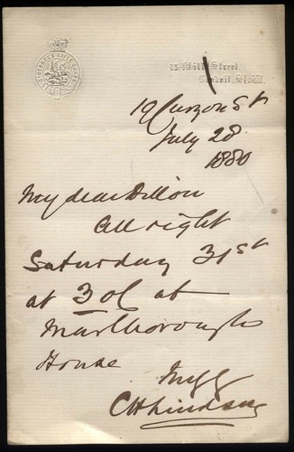 1880 Benjamin Disraelis house, London 19 CURZON STREET Lindsay to General Dillon