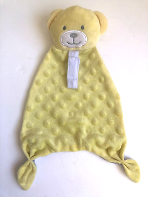 Swiggles Pacifier Holder Binky Yellow Bear Dots Minky Clean EUC Gray Satin Back