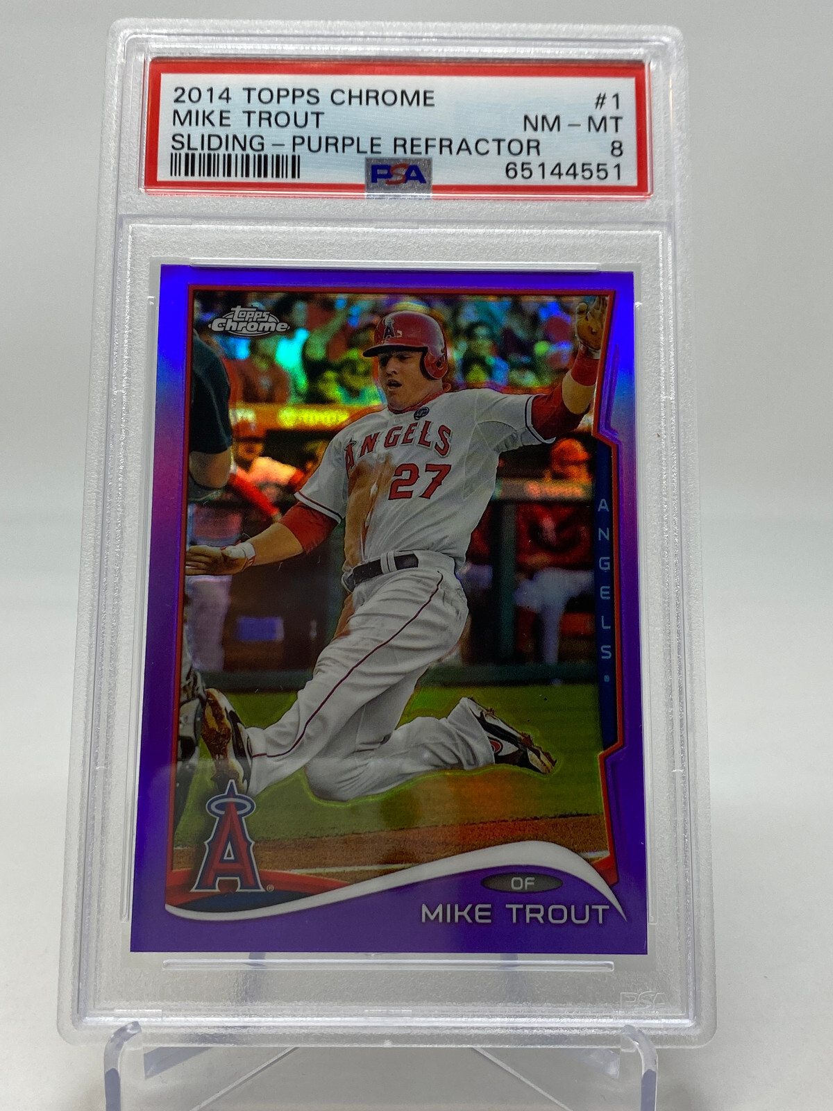 2014 Topps Chrome #1 Mike Trout Sliding PURPLE REFRACTOR - PSA 8 - POP 99 view 3