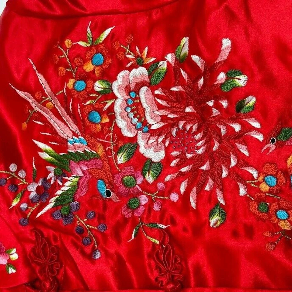 Chaqueta Kimono Floral Pájaros Bordados Rayón Seda Flores Ciruela De Colección 34 Foto 3 de 4