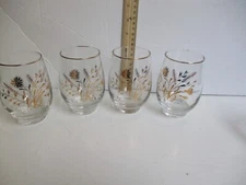 4- VIintage Libbey Glass Gold Floral Tumblers 12 OZ 4.5" Roly Poly Bottom