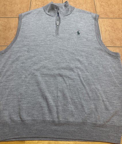 Polo Golf Ralph Lauren Sweater Vest Men Sz XL Gray 1/4 Zip Merino Wool Pony Logo
