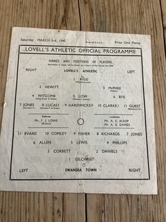 3 March 1945 Lovells Athletic v Swansea War North Cup single sheet