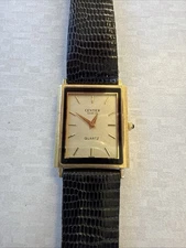 Centier Geneve Quartz Mens Watch 14K Yellow Gold Date Crystal Rectangular Dial