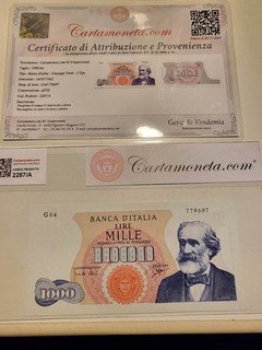 1000 LIRE GIUSEPPE VERDI I° TIPO MEDUSA 14/07/1962 qFDS (CON CERTIFICATO)