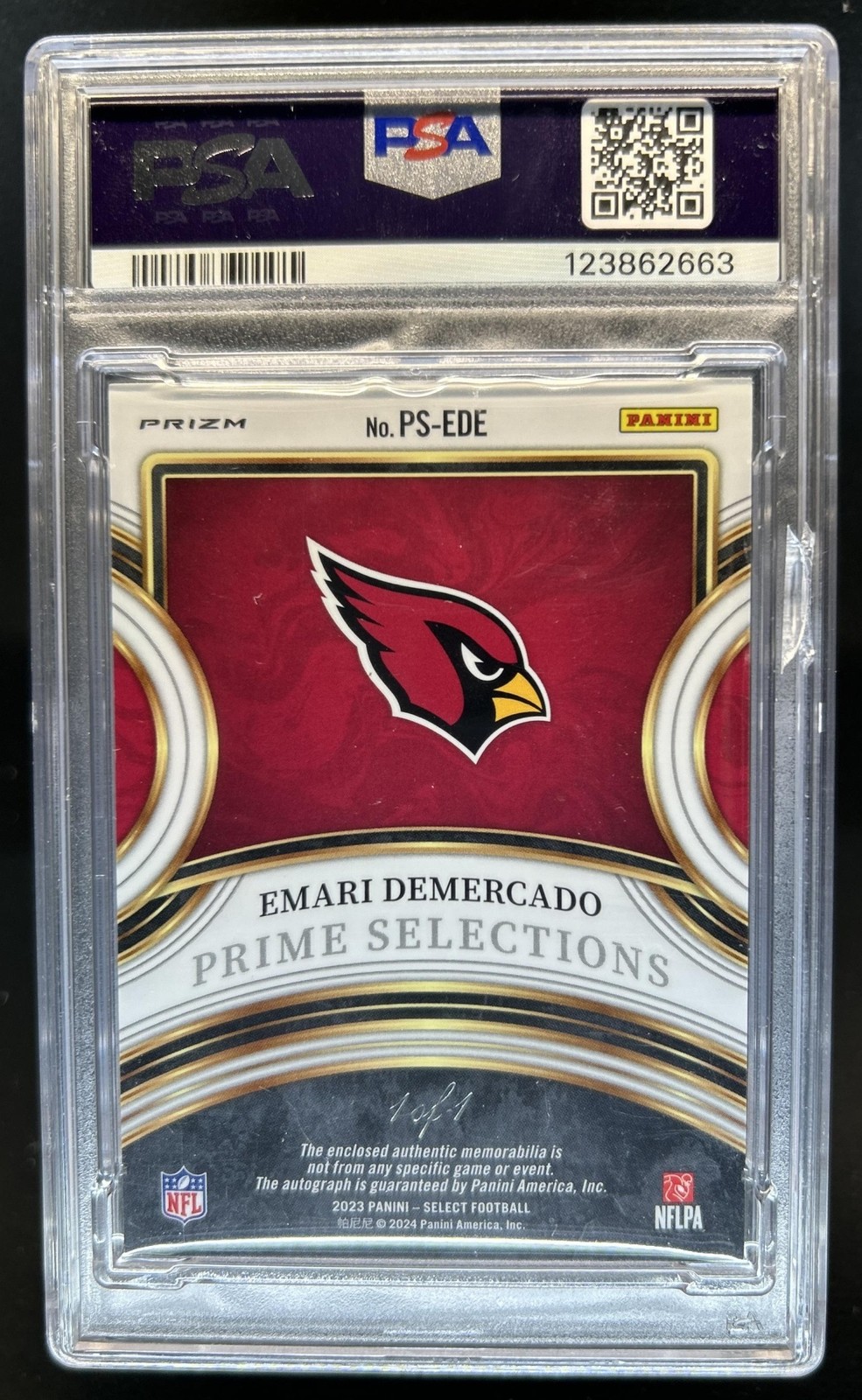 2023 Select Emari Demercado Signatures Patch Black NFL Shield Auto RC #1/1 PSA 9 view 2
