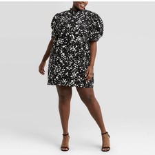 Who What Wear Puff Sleeve Dress XL 12 Linen High Ruffle Neck Black/White A Line