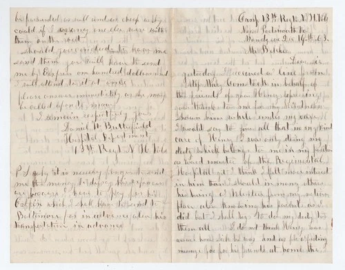 CIVIL WAR LETTER - Nurse Writes Parents About Death of 13th NH Vols Soldier Son!