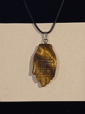 Carved Tiger Eye Hamsa Hand Pendant Necklace 18''L Adjustable 