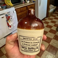 Detrick Distilling Co Dayton OH Motto Jug A Friend In Need Stoneware Mini Jug