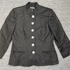 Lauren Ralph Lauren Jacket Women 10 Petite 10P Black Linen Button Up Preppy VTG