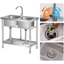 33 Inch Free Standing Double Bowl Commercial Sink with Faucet, Stainless Steel