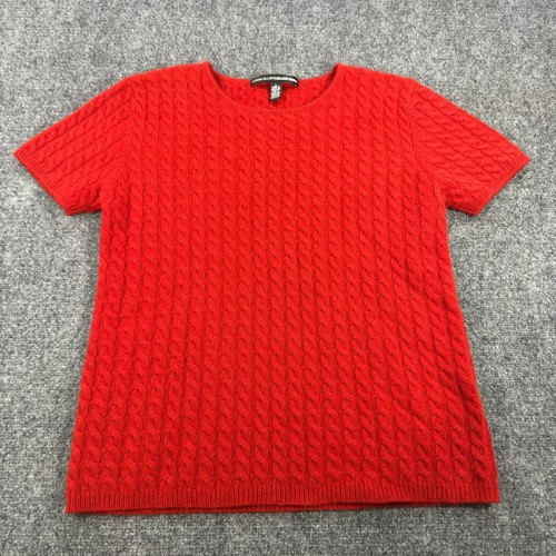 Linda Allard Ellen Tracy Red 100% Cashmere Cable Knit Short Sleeve Sweater Large