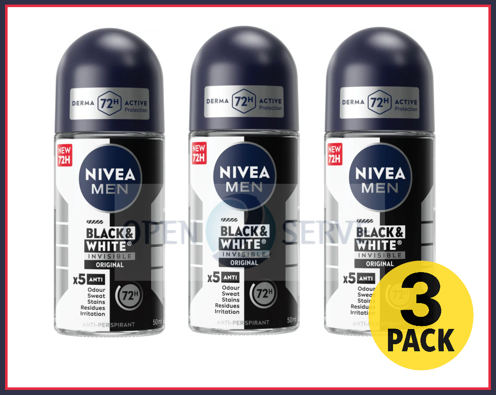 3x Nivea Men Roll On Deodorant Invisible Black & White Original | 72h - 50ml